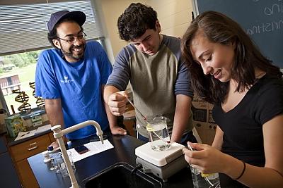 Photo of three students working together in a Life Science lab.
